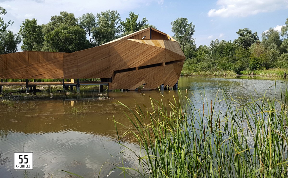 A post-mining site in the village of Bobrowisko in Poland, which was used for sand and gravel extraction, was reclaimed and covered by natural succession and has recently been transformed into a tourist attraction. The architects are 55Architekci.